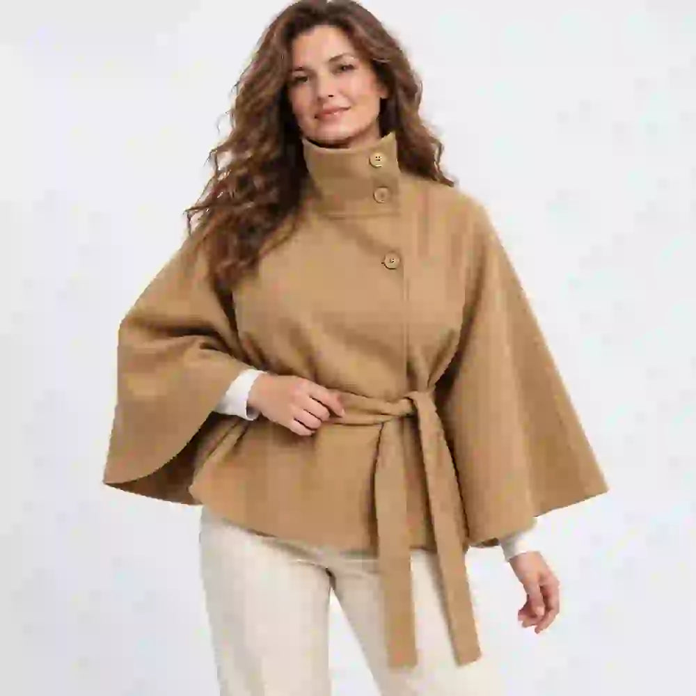 【S-3XL】Nueva chaqueta de estilo capa para mujer, ideal para otoño e invierno – diseño liso, con cuello alzado, botones y cinturón