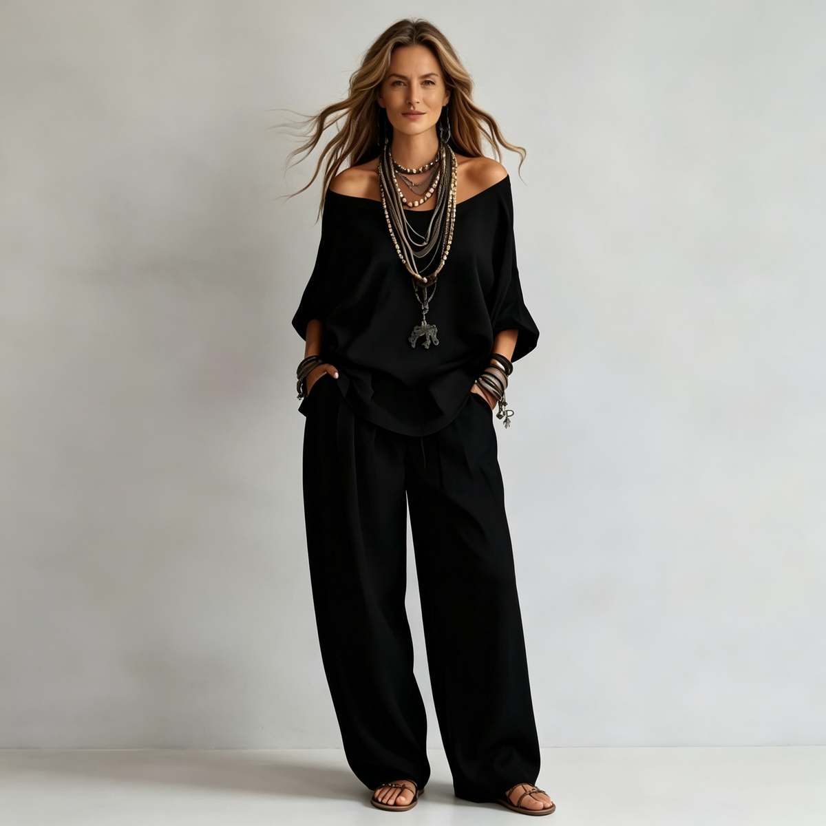 Conjunto Boho de Dos Piezas para Mujer – Blusa Holgada de Hombros Caídos y Pantalón Ancho Fluido