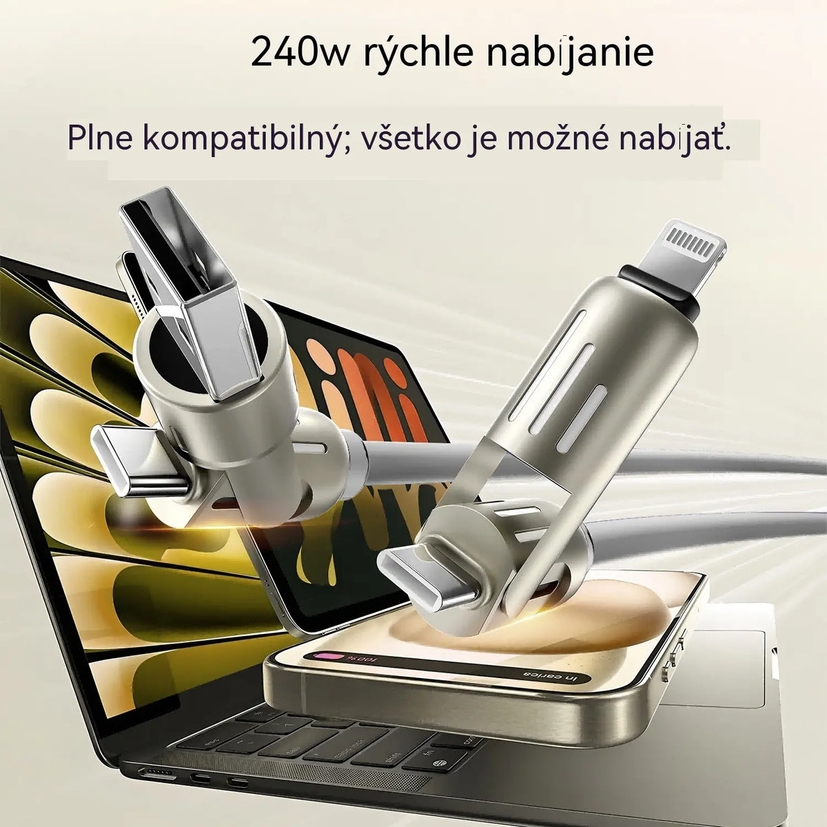 🔥 【2 kusy za 22 eur】 🔥 (dĺžka 2 metre) Kábel 4 v 1 PD 240 W – rýchle nabíjanie cez USB‑C, Lightning a USB‑A, hliník a silikón, synchronizácia dát ⚡📱