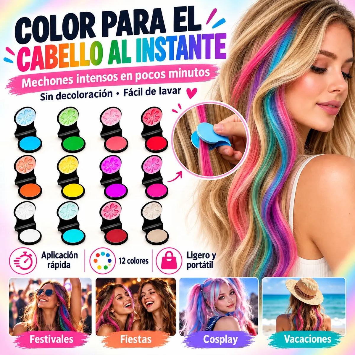 🌈 Coloración capilar en polvo compacto con 12 tonos para una coloración rápida.