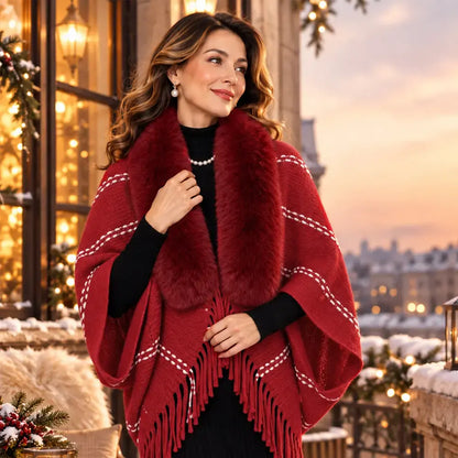 ✨ Chal de invierno tejido con cuello mullido y elegantes flecos · ¡Un cárdigan estilo poncho, cálido y de corte relajado, para mujer!