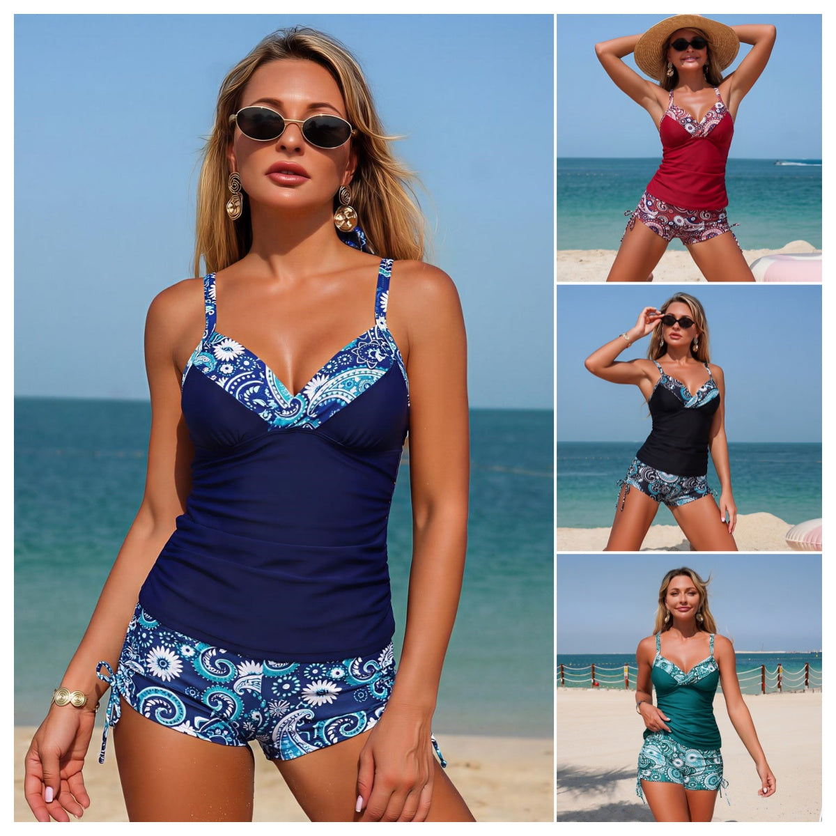 Traje de baño sin tirantes para mujer con estampado: traje de baño de dos piezas con cintura alta, control de abdomen y tirantes ajustables, adecuado para la playa y la piscina.