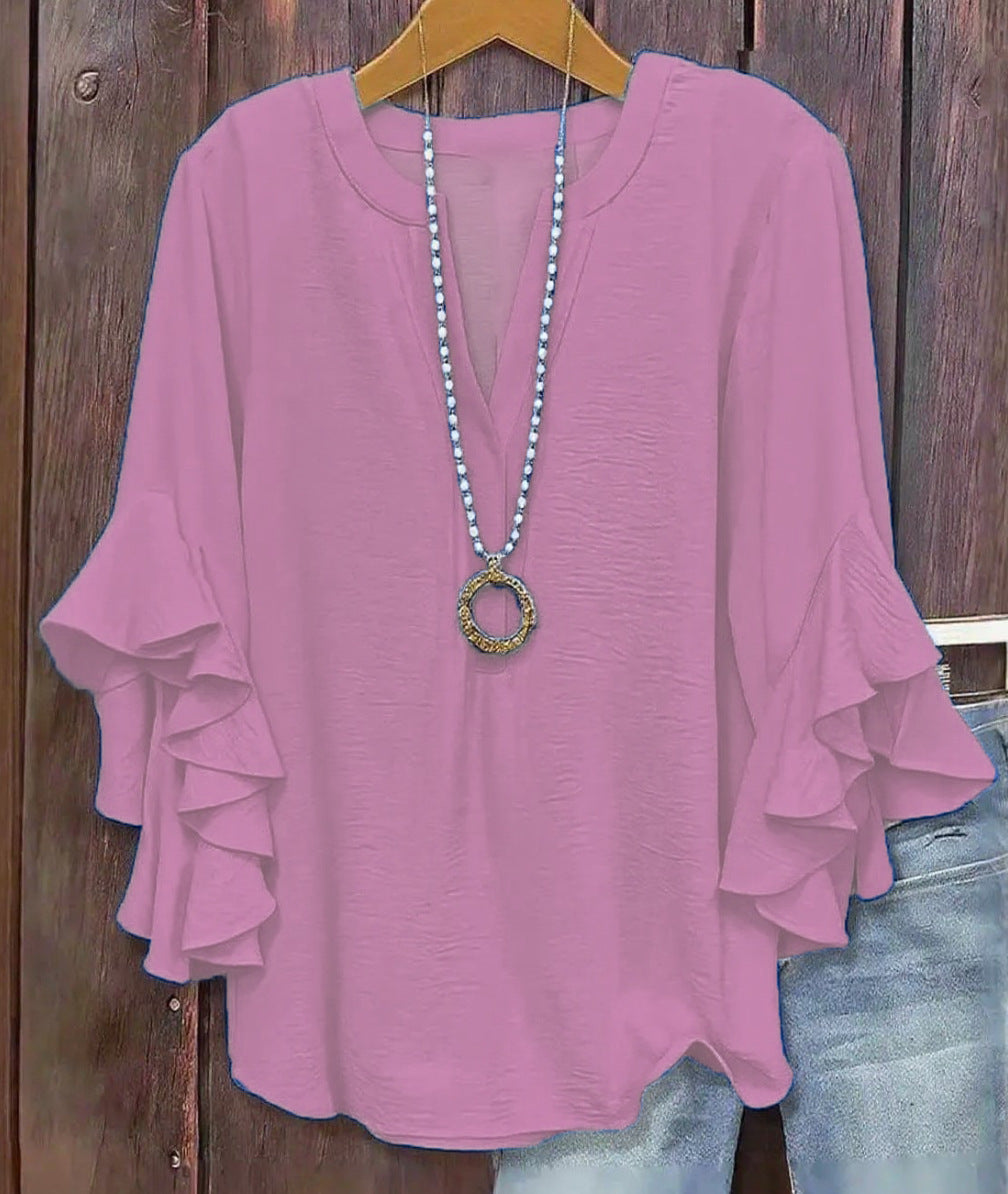【L-5XL】Camisa de mujer con escote en V y volantes para tallas grandes.