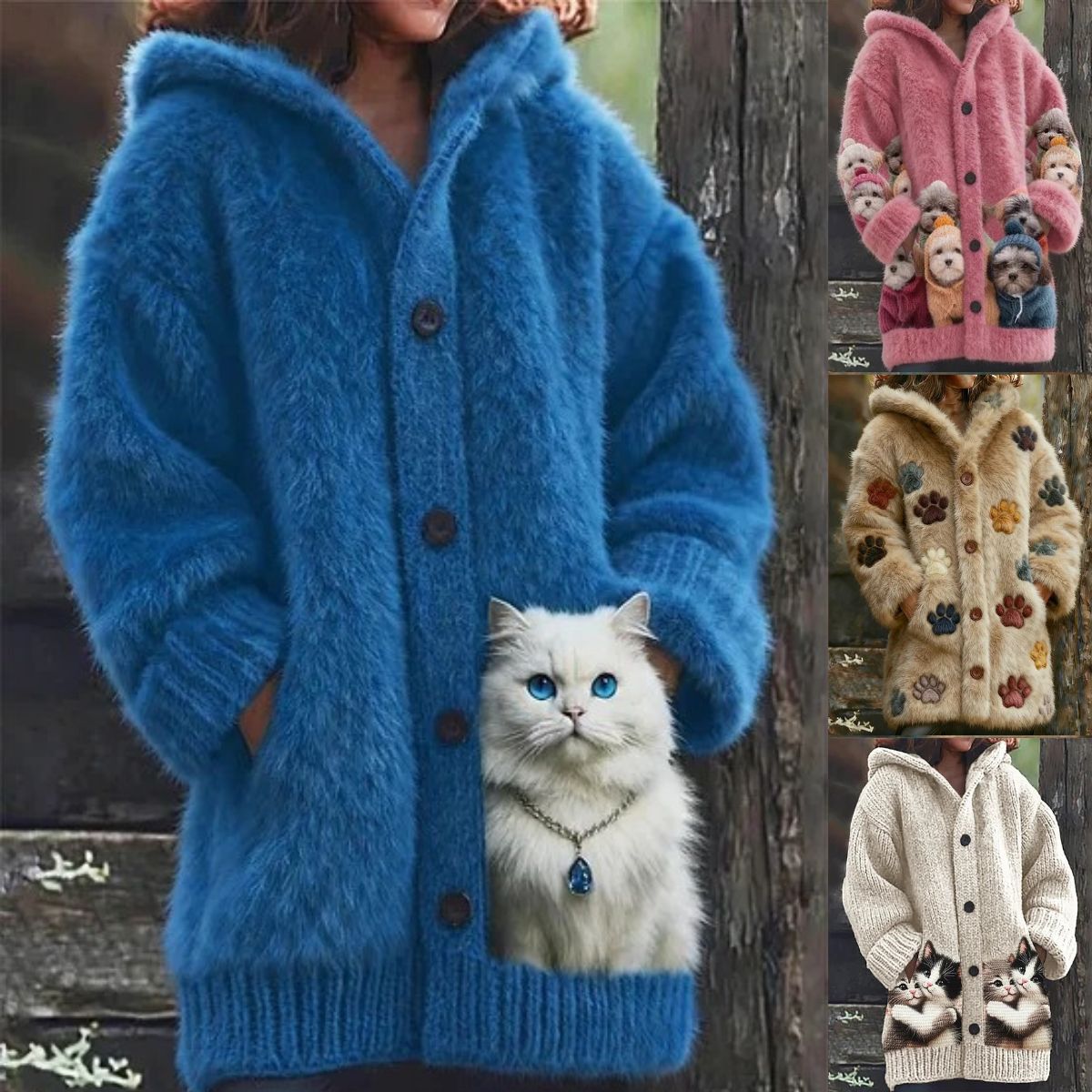 🔥🐾【descuento por tiempo limitado -50%】 Abrigo con capucha para mujer, elegante y adorable, con estampado de animales, ideal para otoño e invierno 🧥✨-E