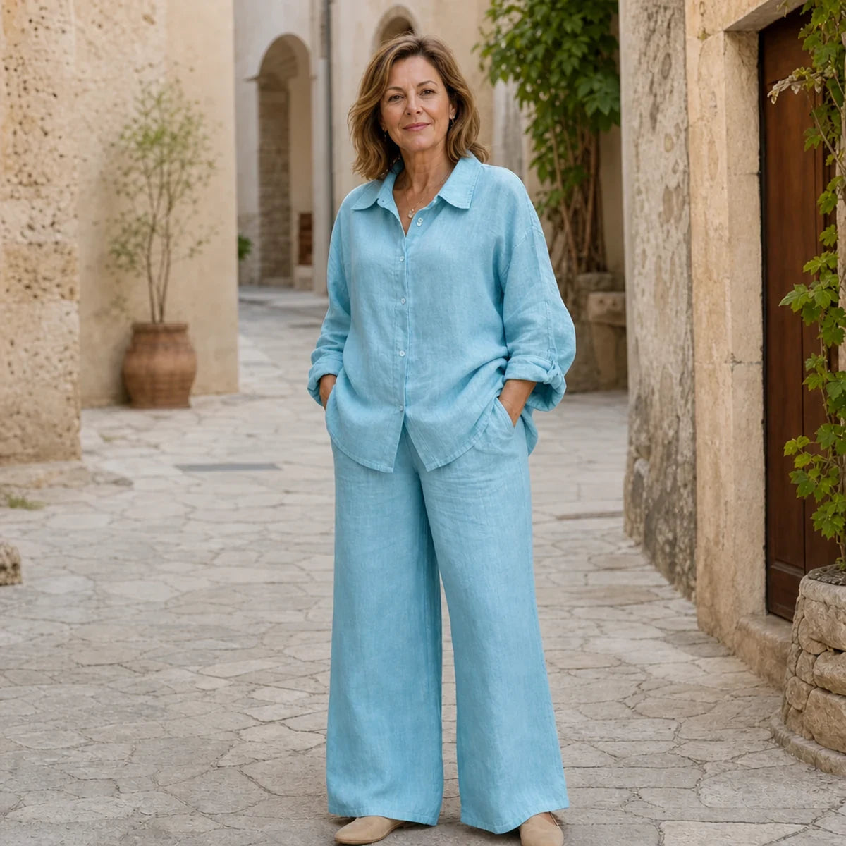 ✨ Nuevo Conjunto Lino Mujer, Camisa + Pantalón, Estilo Casual Elegante