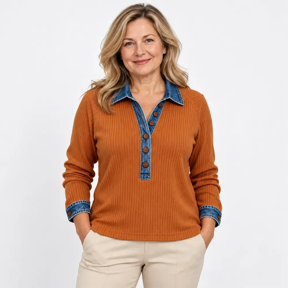 【S-3XL】Suéter de manga larga para mujer – tejido combinado con cuello de mezclilla