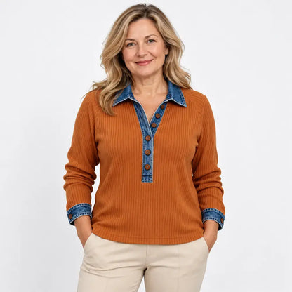 【S-3XL】Suéter de manga larga para mujer – tejido combinado con cuello de mezclilla