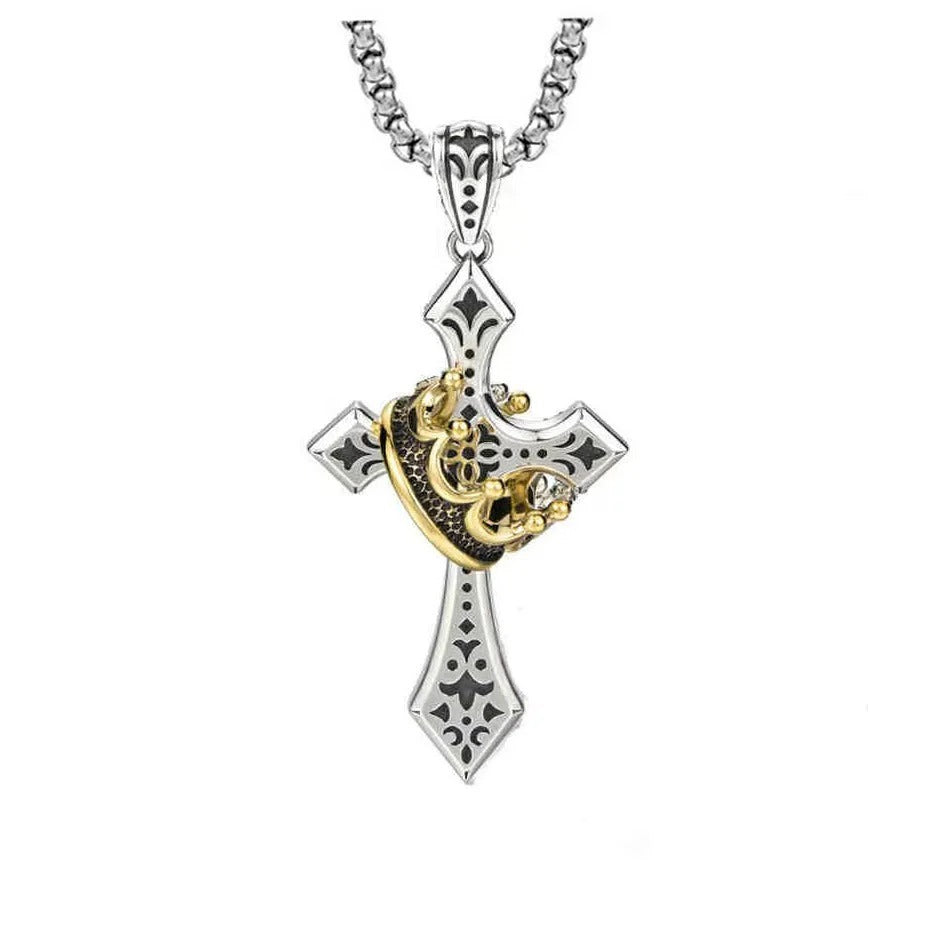👑✝️ Vintage náhrdelník s krížom a korunou – symbol viery, sily a každodennej ochrany