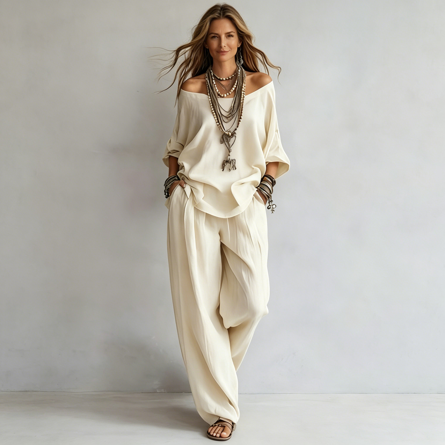 Conjunto Boho de Dos Piezas para Mujer – Blusa Holgada de Hombros Caídos y Pantalón Ancho Fluido