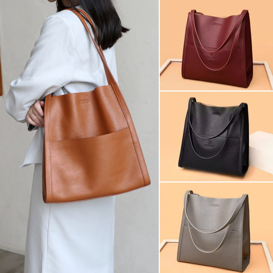 🔥👜👜Velkoobjemová měkká kožená kabelka přes rameno, jednoduchý jednobarevný design – nezbytný kousek na podzim a zimu.