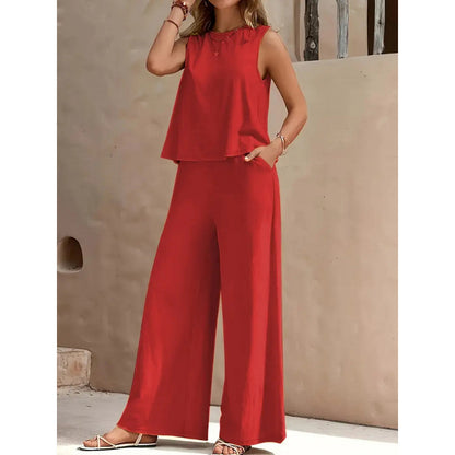 📢 ¡40% de descuento! 💖 Conjunto de 2 piezas: Camiseta y pantalón de seda helada — Diseño sin mangas