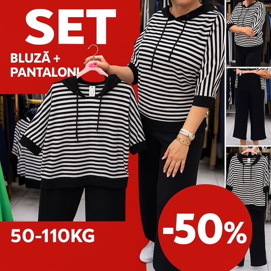 💥 LICHIDARE DE STOC 💥 Set de top cu dungi și pantaloni uni pentru femei