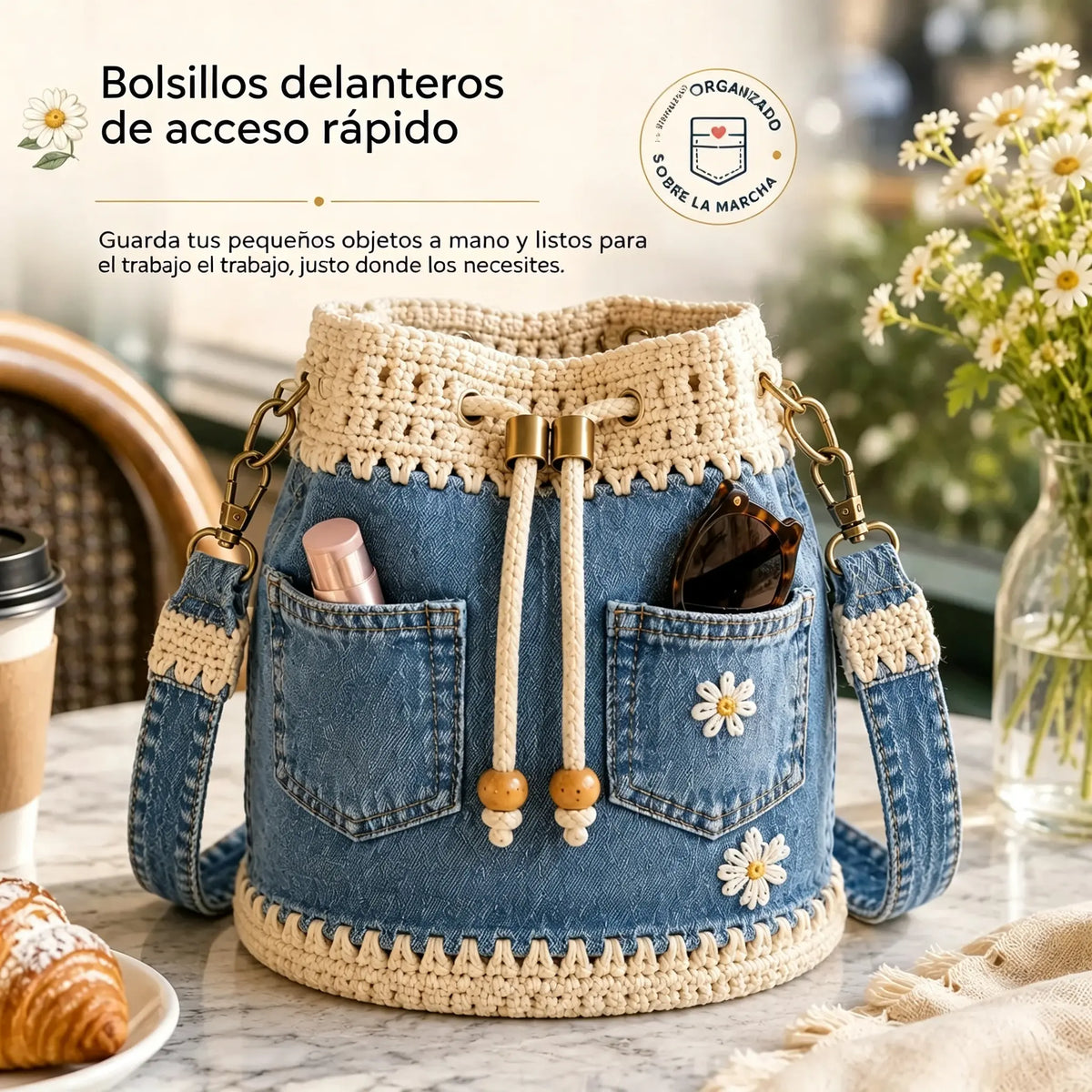 Un bolso de mezclilla tejida de estilo boho que complementa cualquier atuendo ✨