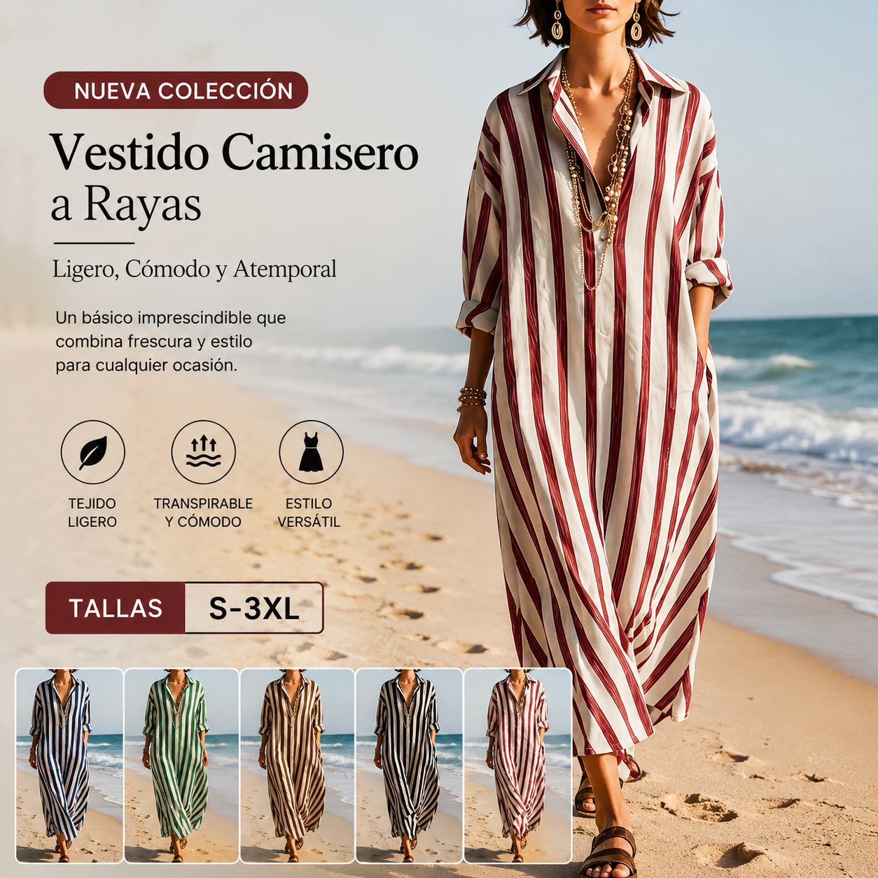 😍-50%🌴[S-3XL]Vestido camisero elegante de rayas sueltas con escote en V para mujer, ideal para el verano🌊