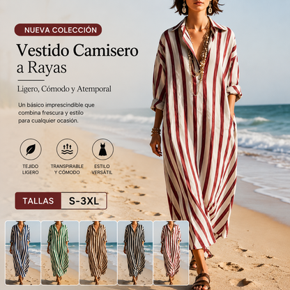 😍-50%🌴[S-3XL]Vestido camisero elegante de rayas sueltas con escote en V para mujer, ideal para el verano🌊