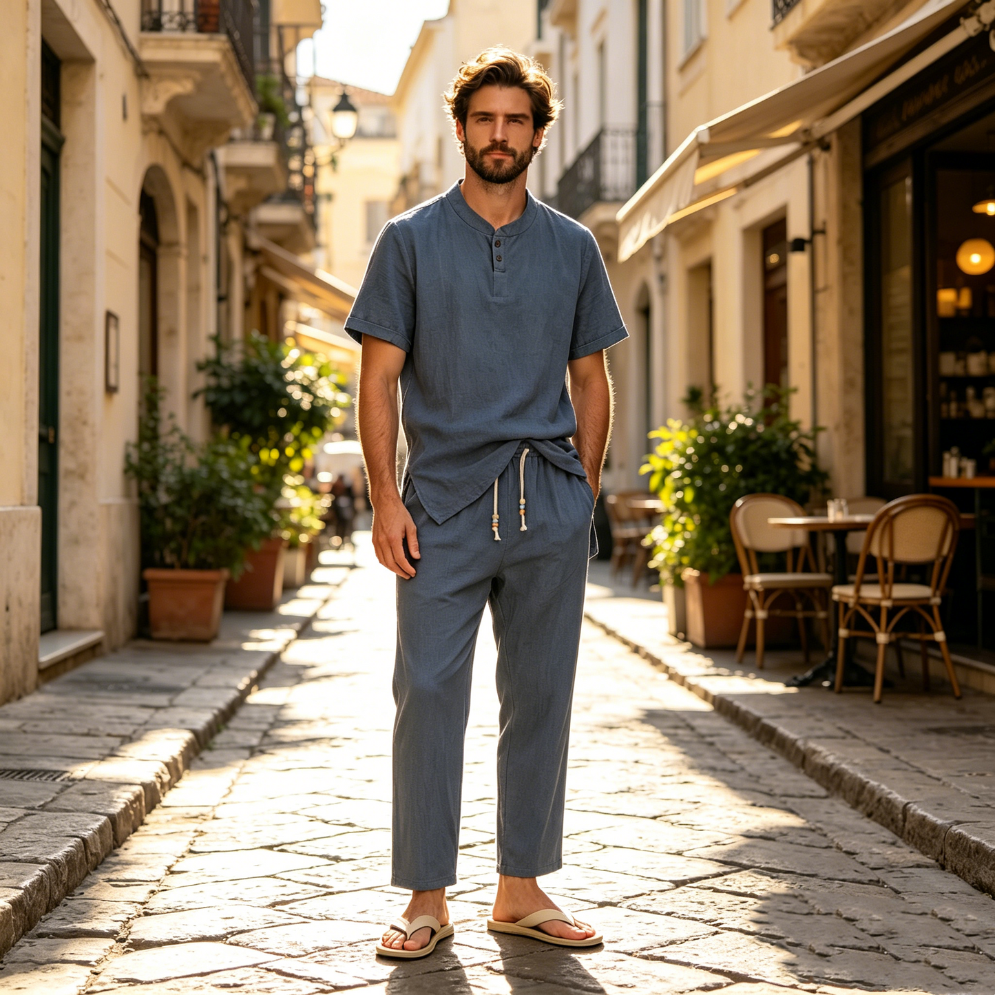 🌴 50% de descuento 🔥  (camiseta + pantalón)Conjunto de playa de lino informal y holgado con botones para hombre. ✅️ Pago contra entrega disponible
