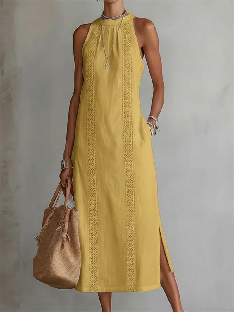 【S-2XL】Vestido de Verano de Color Sólido con Cuello Halter y Encaje Elegante