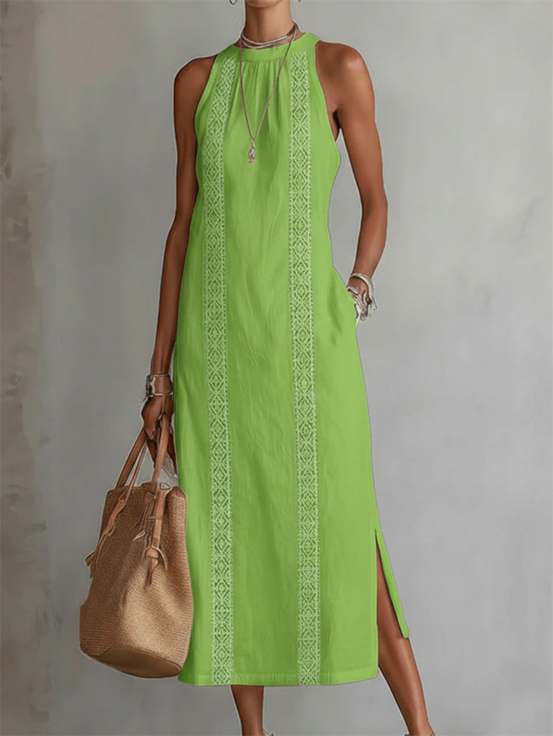 【S-2XL】Vestido de Verano de Color Sólido con Cuello Halter y Encaje Elegante