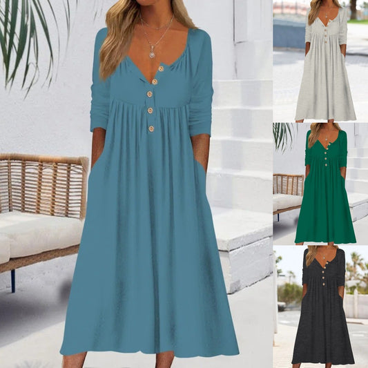 😊✨Reducere mare în ultima zi 【S-3XL】Rochie midi simplă pentru femei, pentru vara 2025, cu nasturi, material confortabil și ușor 
