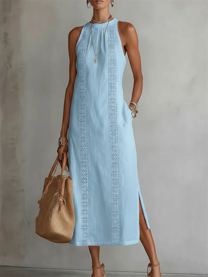 【S-2XL】Vestido de Verano de Color Sólido con Cuello Halter y Encaje Elegante