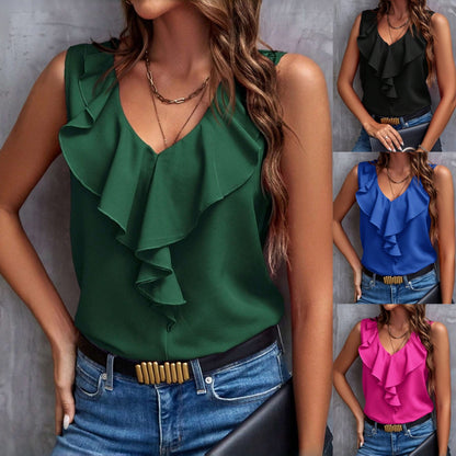 🔥 Pago contra reembolso ✅️【40-80kg】Elegante blusa sin mangas con escote en V y volantes para mujer
