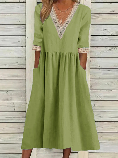 🌈👗【Letné nové produkty - zľava 50%🔥】【40-90 kg】👑 Dámske voľné šaty strednej dĺžky, materiál bavlna a ľan, čipkovaný golier, veľká veľkosť