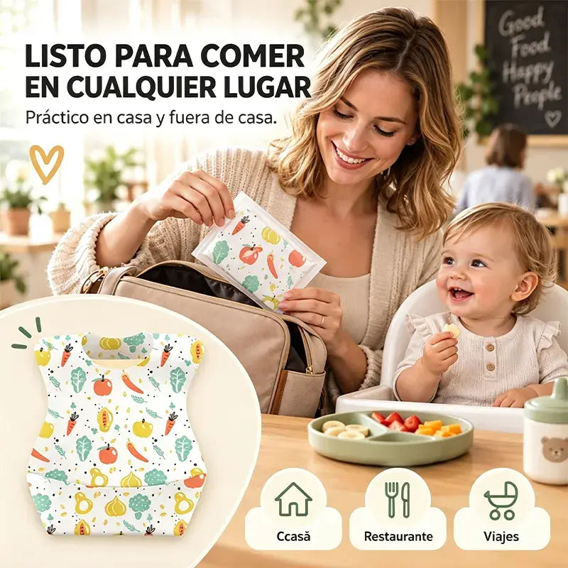 🛡️【30 piezas】👶 Babero Desechable Infantil con Bolsillo 3D Antifugas – Delgado, Impermeable y Práctico para el Día a Día 🍽️