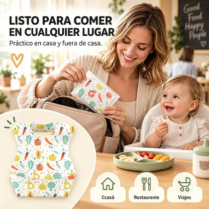 🛡️【30 piezas】👶 Babero Desechable Infantil con Bolsillo 3D Antifugas – Delgado, Impermeable y Práctico para el Día a Día 🍽️