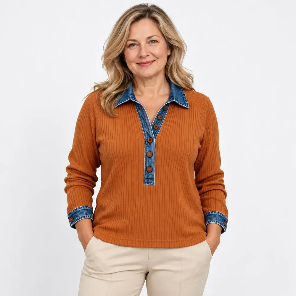 【S-3XL】Suéter de manga larga para mujer – tejido combinado con cuello de mezclilla