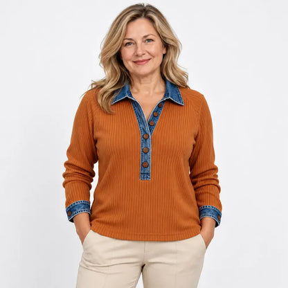 【S-3XL】Suéter de manga larga para mujer – tejido combinado con cuello de mezclilla