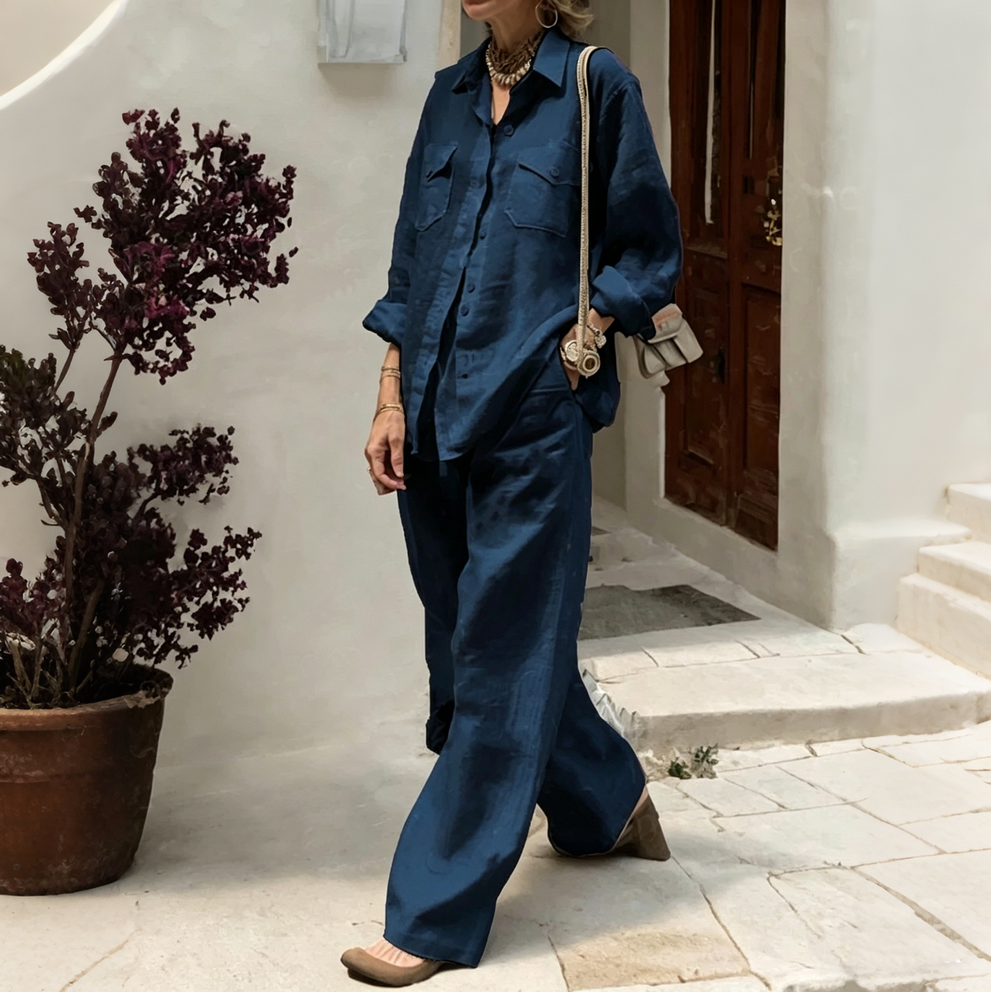 ✨😍【Camiseta + Pantalones】【40-120 kg】Conjunto de dos piezas para mujer, corte holgado, mezcla de algodón y lino, tejido transpirable ✅️Pago contra reembolso
