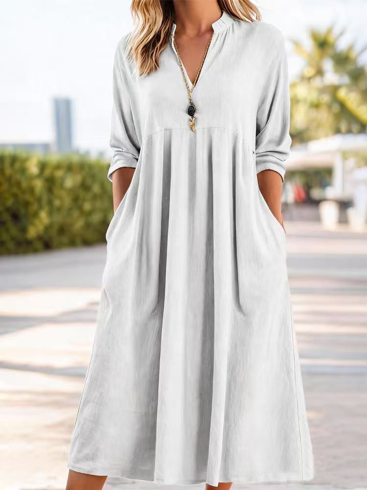 💃【50% zľava】👗2026 Nové módne retro šaty s výstrihom do V z bavlny a ľanu, vrecká a voľný, pohodlný strih.