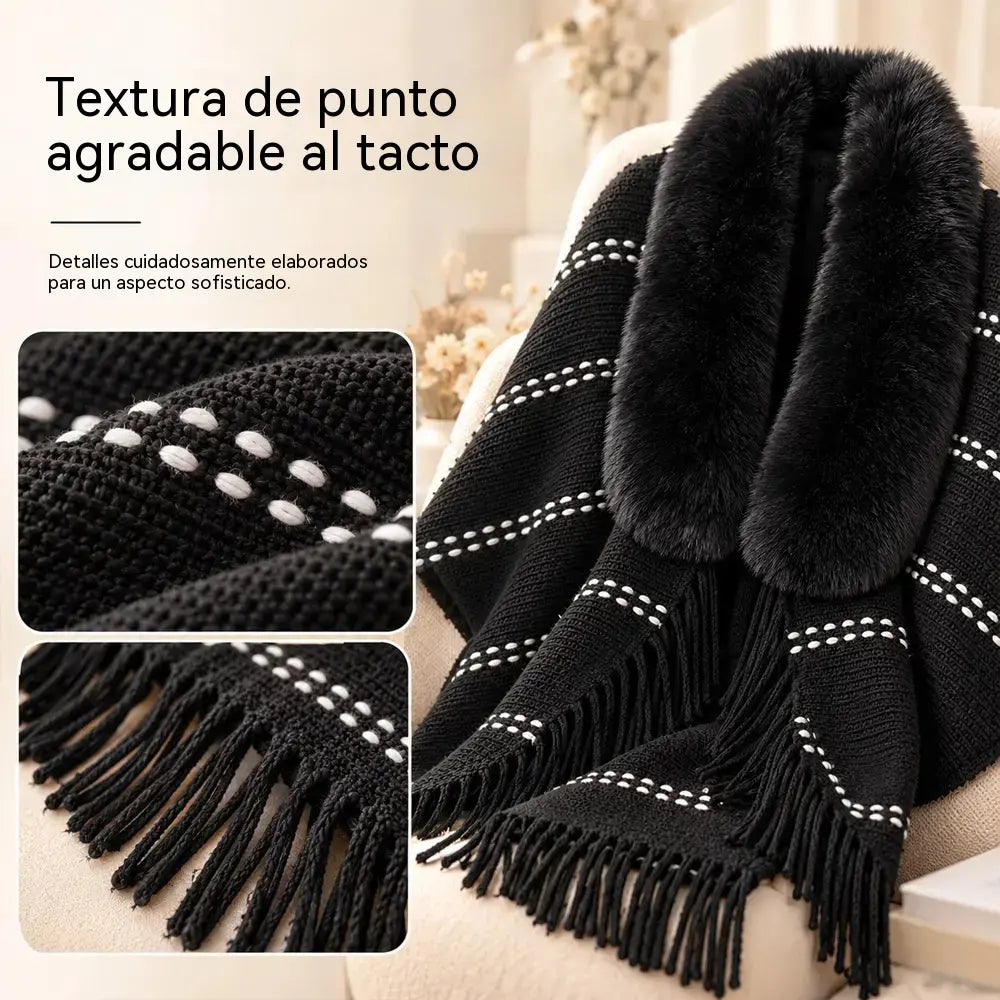 ✨ Chal de invierno tejido con cuello mullido y elegantes flecos · ¡Un cárdigan estilo poncho, cálido y de corte relajado, para mujer!