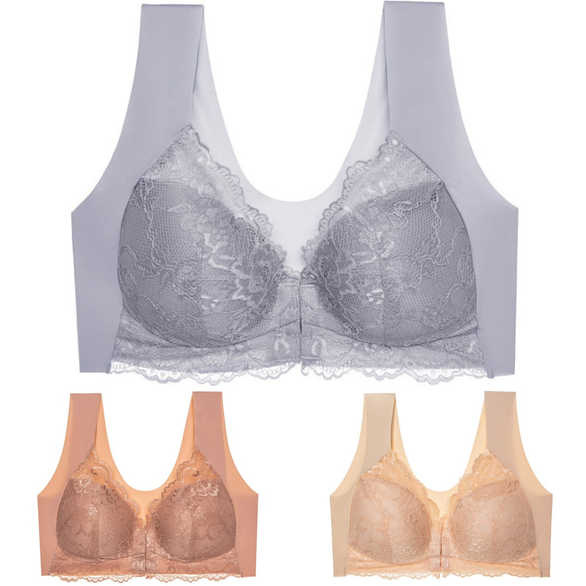 ✨【Conjunto de 3 piezas】Sujetador sexy de talla grande, sin aros y con cierre frontal, que luce un hermoso diseño en la espalda.
