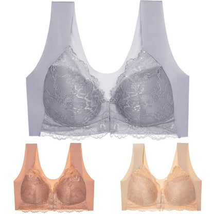 ✨【Conjunto de 3 piezas】Sujetador sexy de talla grande, sin aros y con cierre frontal, que luce un hermoso diseño en la espalda.