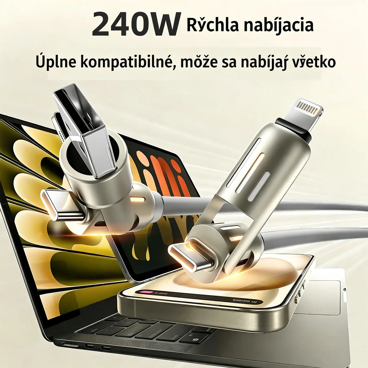 🔥 【2 kusy za 22 €】 🔥 (2 metre dlhý) 4-v-1 PD 240W kábel – rýchle nabíjanie (USB‑C, Lightning a USB‑A), hliník a silikón, synchronizácia dát ⚡📱
