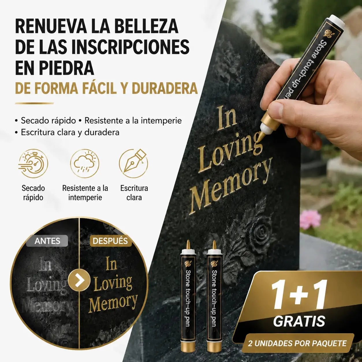 【Compra uno y llévate otro gratis】🖍️ Bolígrafo resistente al agua y a la decoloración para reparar y repintar inscripciones en losas de piedra.