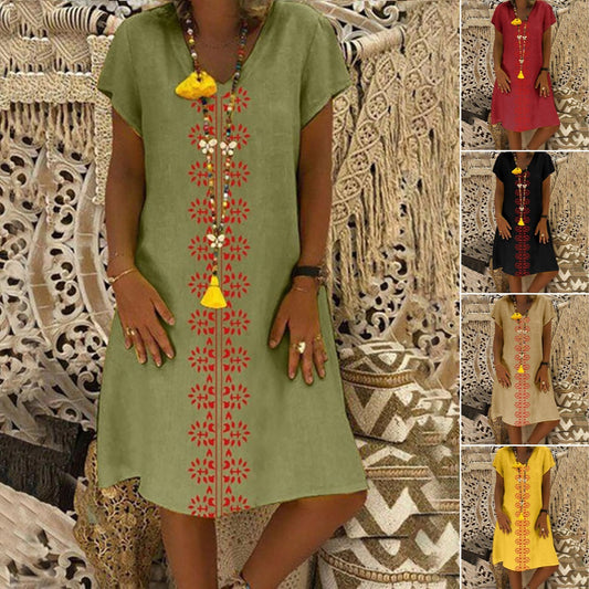 🏆👗【S-5XL】Nové bavlnené šaty s potlačou do V s výstrihom 3685950
