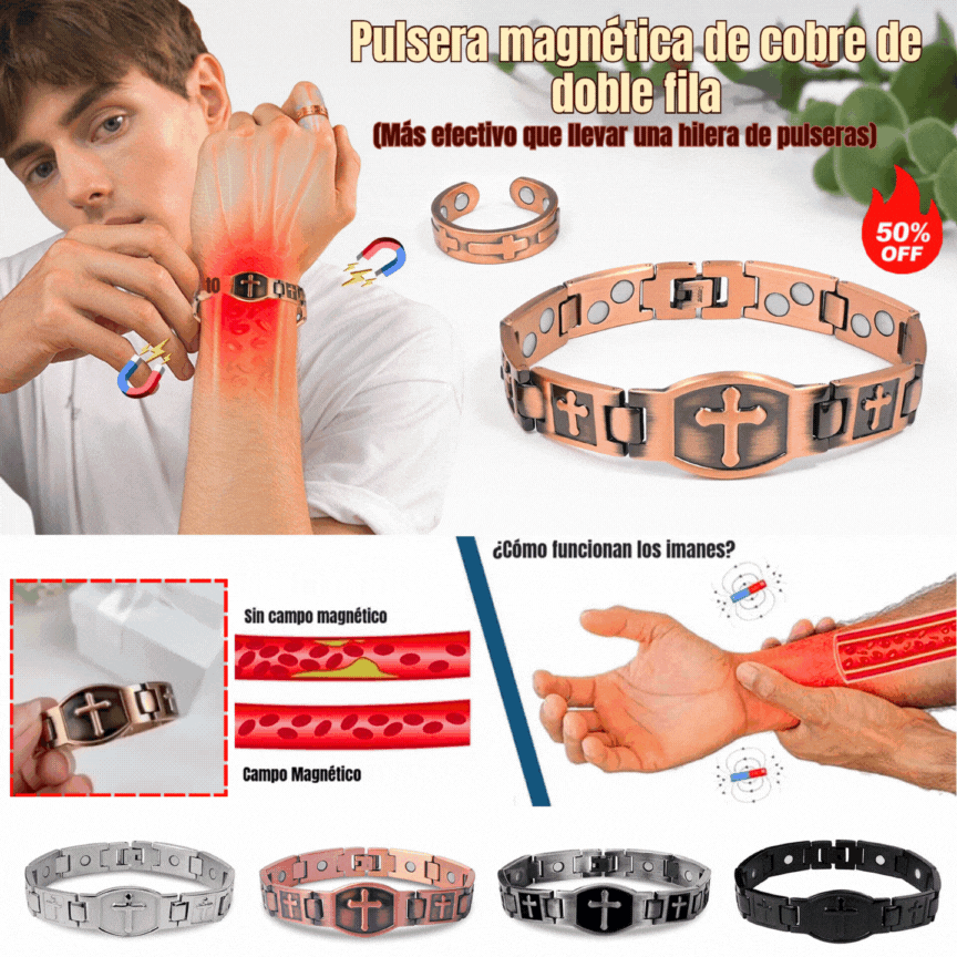 🎁💙 Pánský měděný náramek s křížem, magnetický léčivý náramek, se 46 vestavěnými magnety - 99,99% čistá měď