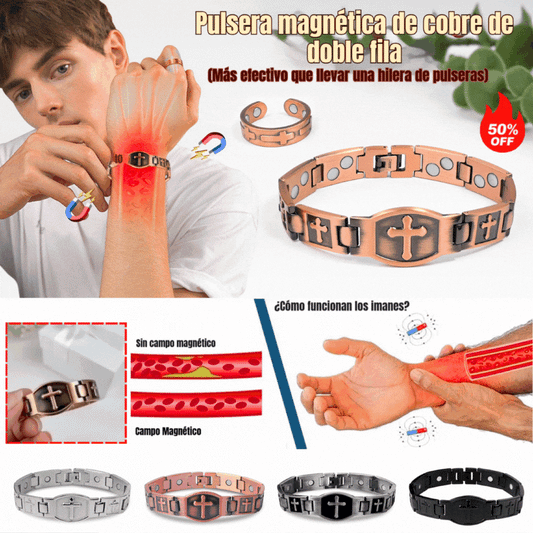 🎁💙 Pánský měděný náramek s křížem, magnetický léčivý náramek, se 46 vestavěnými magnety - 99,99% čistá měď
