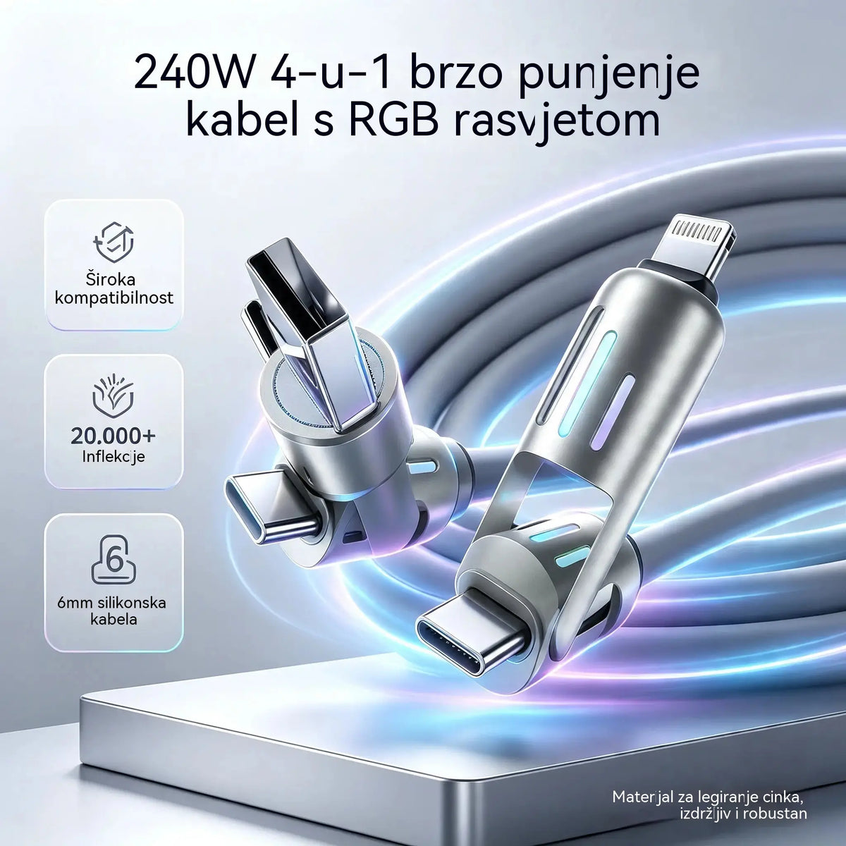 🔥 【2 komada za 23 eura】 🔥 (duljina 2 metra) 4-u-1 kabel PD 240 W – brzo punjenje USB‑C, Lightning i USB‑A, aluminij i silikon, sinkronizacija podataka ⚡📱