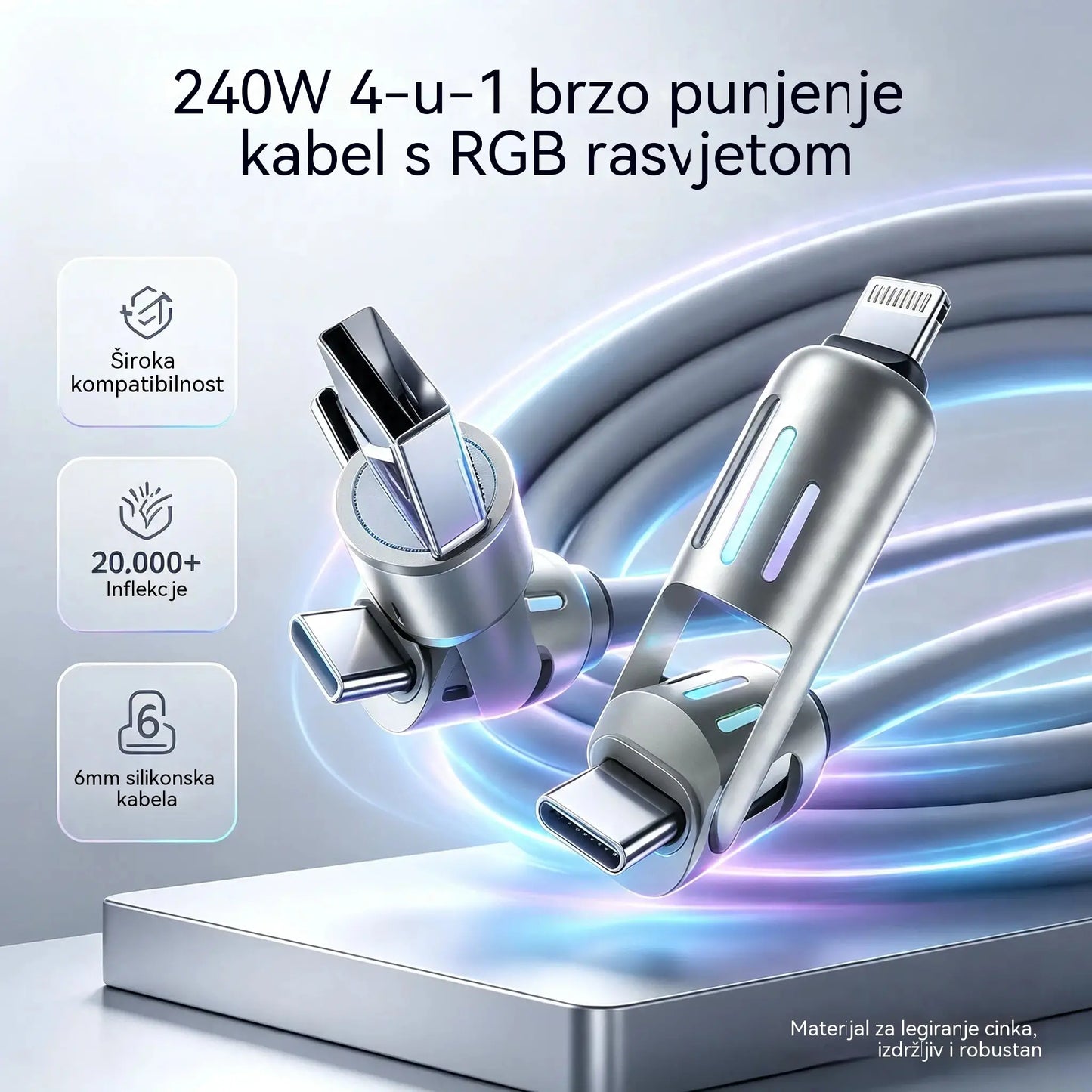 🔥 【2 komada za 23 eura】 🔥 (duljina 2 metra) 4-u-1 kabel PD 240 W – brzo punjenje USB‑C, Lightning i USB‑A, aluminij i silikon, sinkronizacija podataka ⚡📱