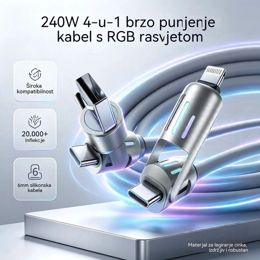 🔥 【2 komada za 23 eura】 🔥 (duljina 2 metra) 4-u-1 kabel PD 240 W – brzo punjenje USB‑C, Lightning i USB‑A, aluminij i silikon, sinkronizacija podataka ⚡📱