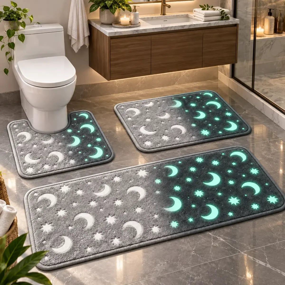 🌙 Juego de baño con diseños de luna y estrellas que brilla en la oscuridad – Alfombrilla de baño antideslizante 🌙50*80cm