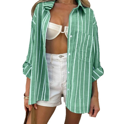 【S-2XL】Camisa de Rayas Oversize con Cuello Solapa - Estilo Relajado y Elegante