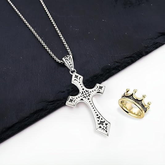 👑✝️ Vintage náhrdelník s krížom a korunou – symbol viery, sily a každodennej ochrany