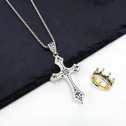👑✝️ Vintage náhrdelník s krížom a korunou – symbol viery, sily a každodennej ochrany