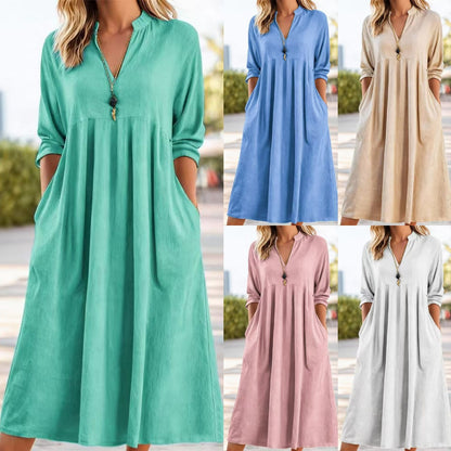 💃【50% zľava】👗2026 Nové módne retro šaty s výstrihom do V z bavlny a ľanu, vrecká a voľný, pohodlný strih.