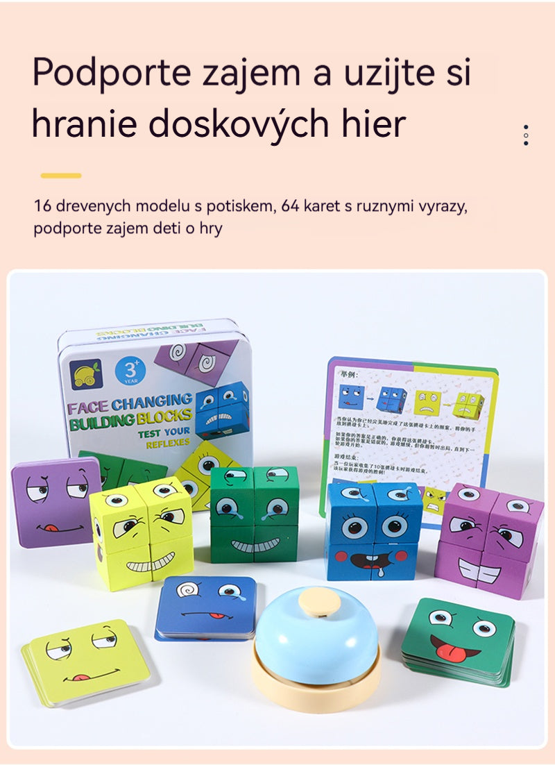 🔥✨2025 Nová stolová interaktívna hra pre viacerých hráčov – Smajlíková kocka pre deti【16 blokov + 64 kariet + 1 zvonček】👩‍🦰🤴👸👨‍🦰
