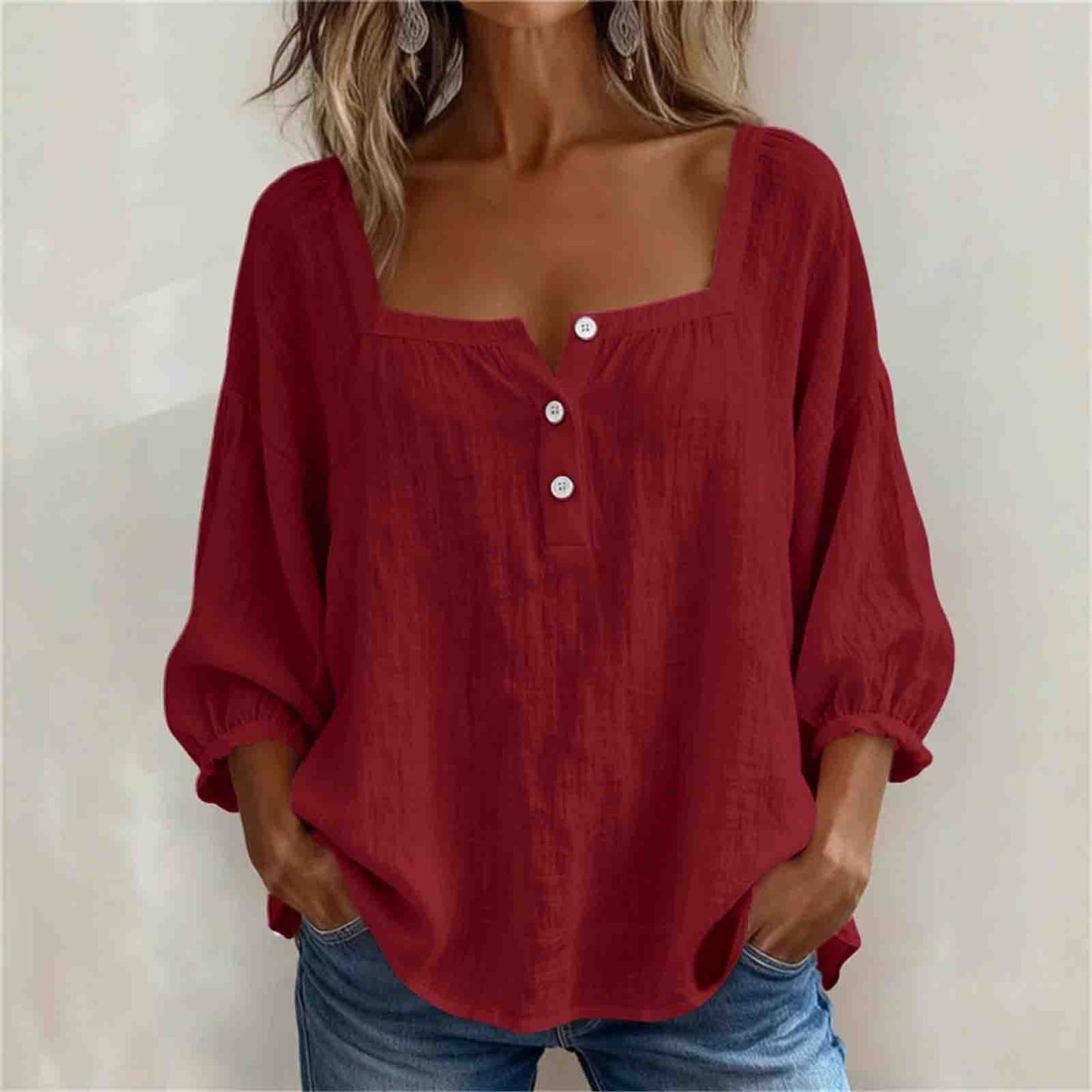 🌸【45-9G KG】Camisa Casual de Manga 3/4 para Mujer Blusa Elegante y Transpirable de Verano Top Holgado Color Liso